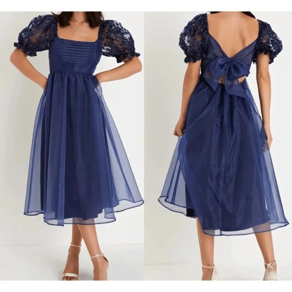 Lulu's Navy Organza Pleated Puff Sleeve open-back cutout Midi Dress S